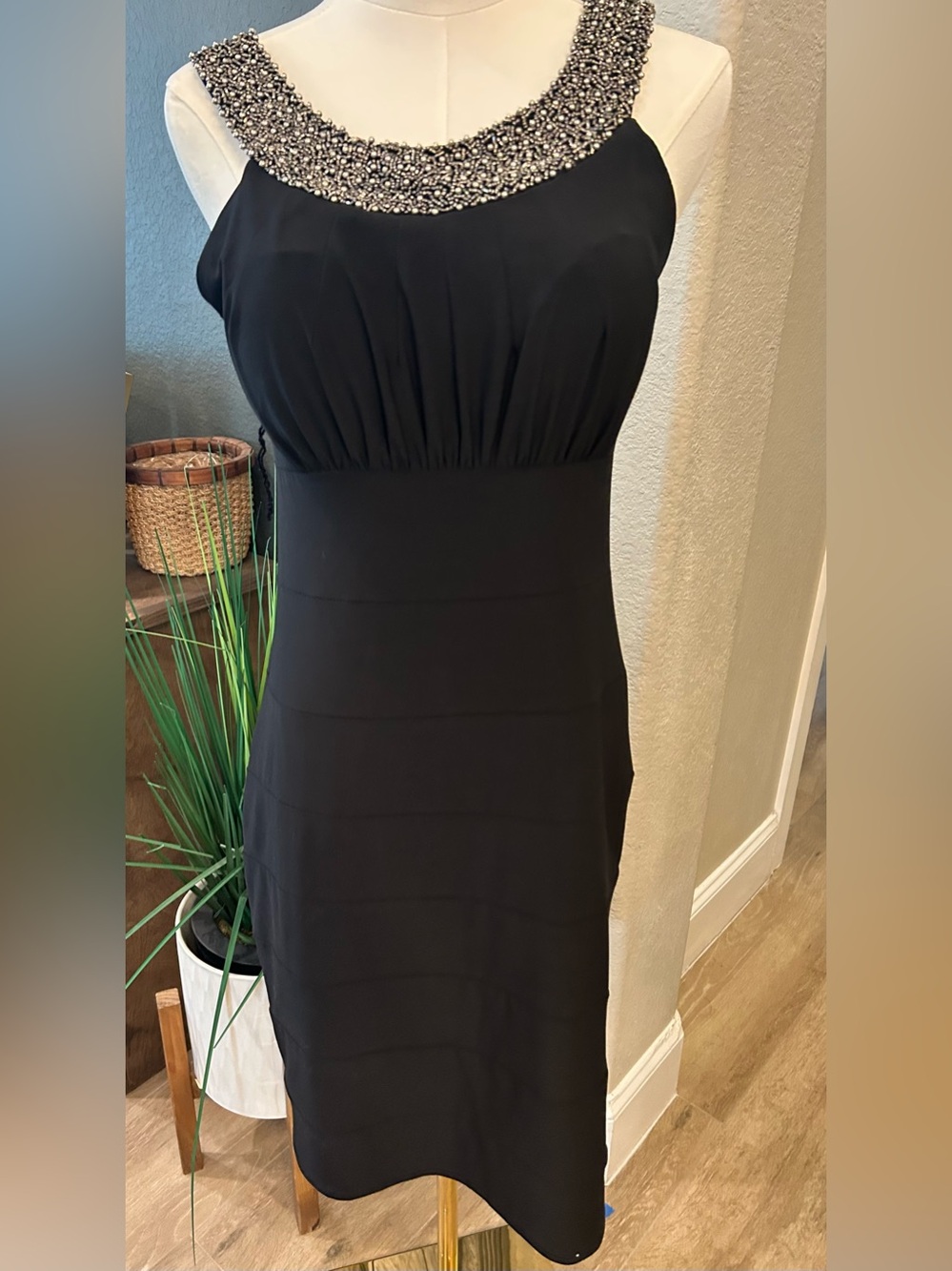 Scarlett Nite Black Midi Dress with Beaded Silver Neckline